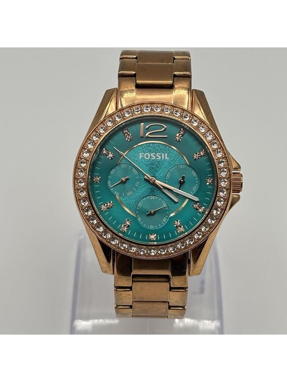 Fossil Riley Ladies Rose Gold-Tone 38mm Turquoise Dial Crystal Bezel Glam Watch